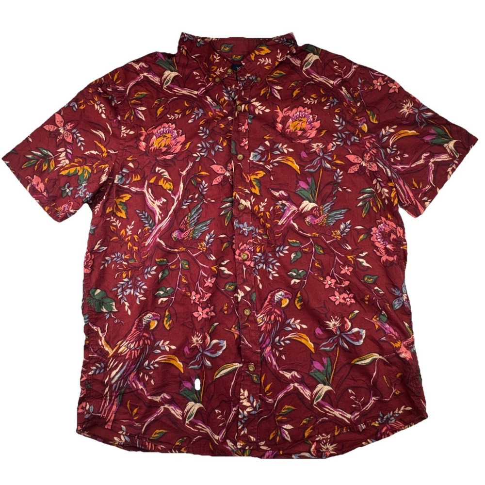 American Eagle Shirt Mens XL Burgundy Tropical Parrot Floral Button Down Cotton